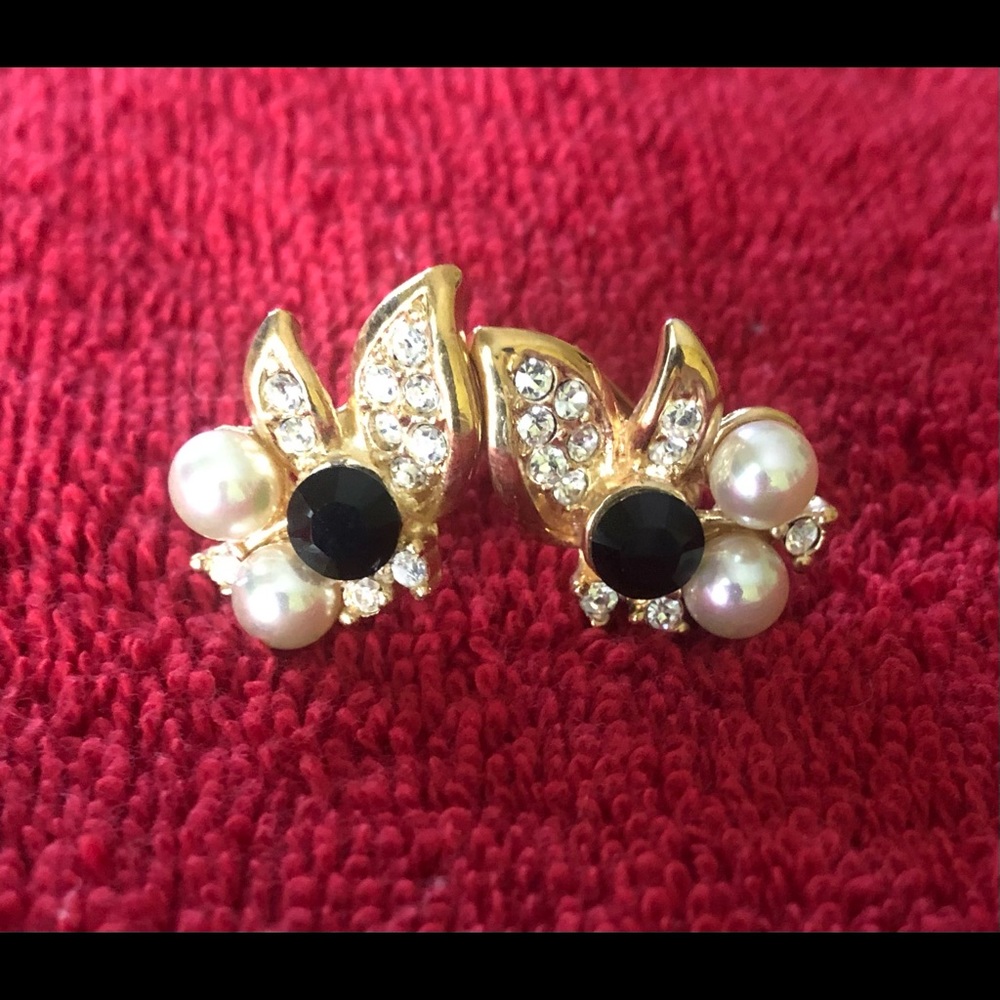 Vintage Signed Roman Gold Tone Faux Pearl Rhinestone Earrings